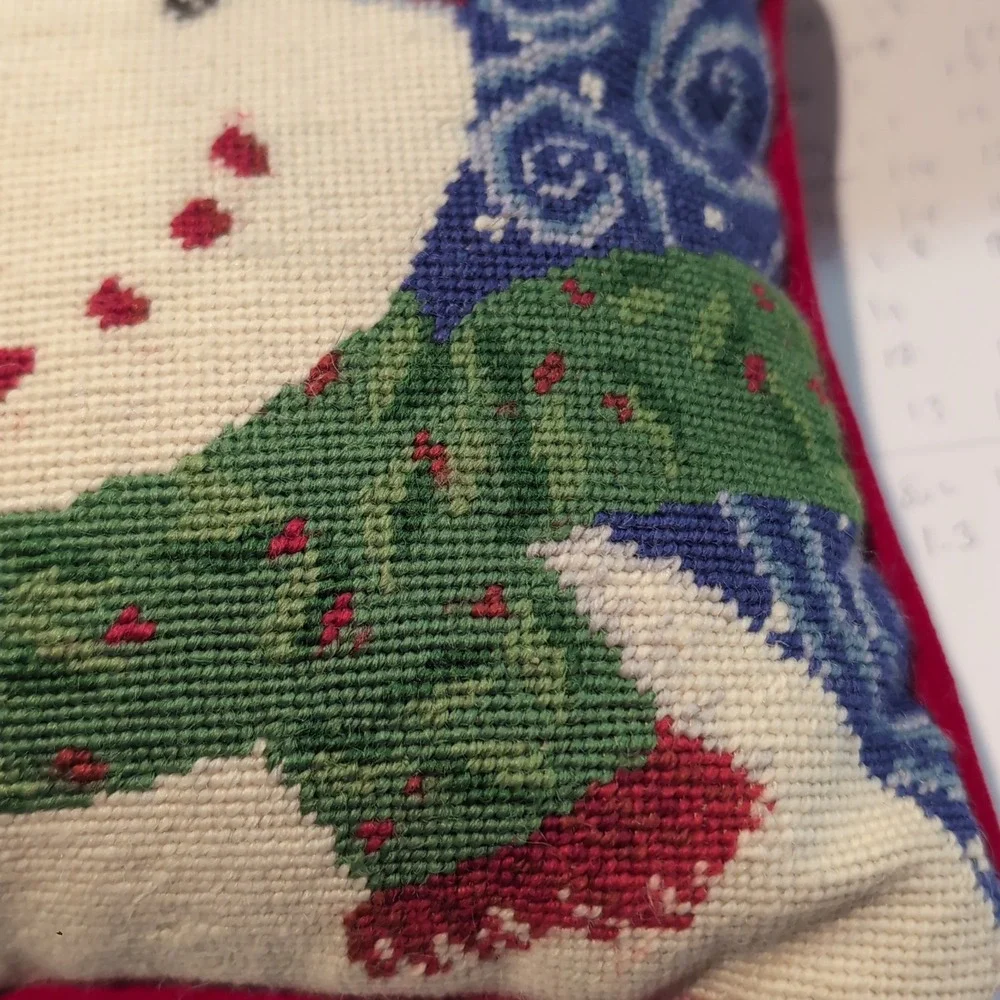 Vintage Needlepoint Snowman Decorative Throw Pillow 8x8 Blue Red Velvet Back